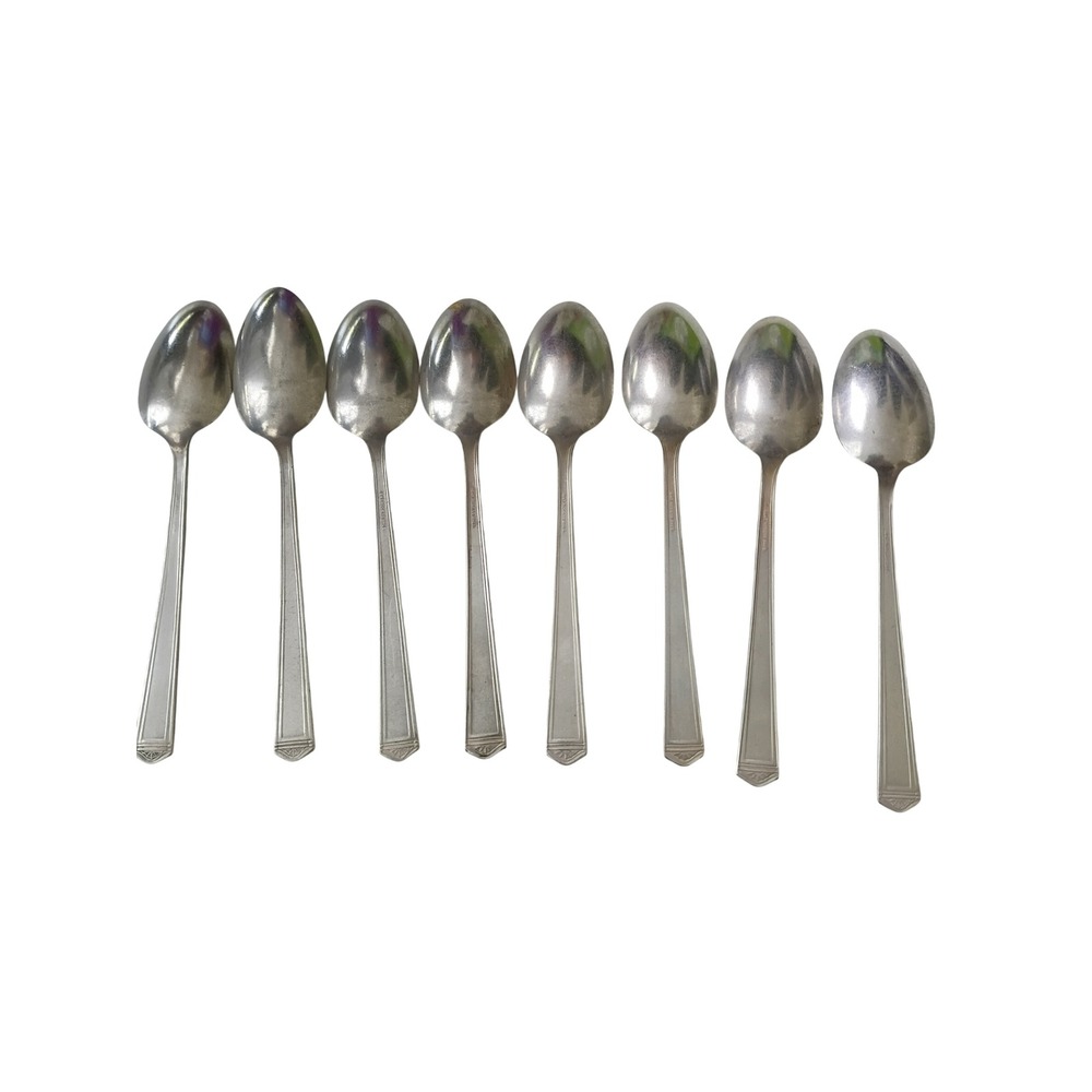 Vintage Silverplate Spoons Set of 8 Art Deco Monogrammed Flatware Silver Tone